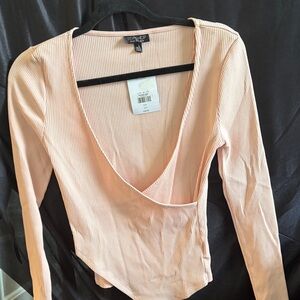 Topshop Light Peach Ribbed V-Neck Blouse
